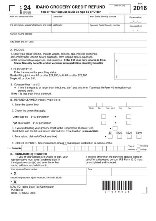 Fillable Form 24 - Idaho Grocery Credit Refund - 2016 Printable pdf