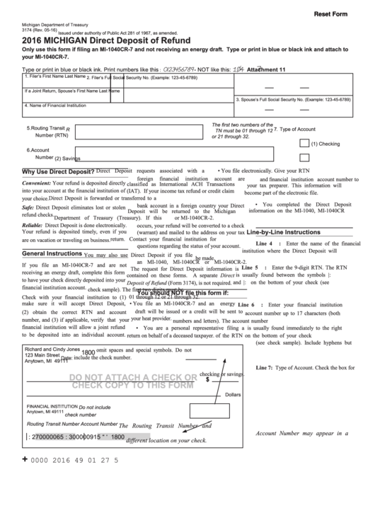 Fillable Form 3174 - Michigan Direct Deposit Of Refund 3174 - 2016 Printable pdf