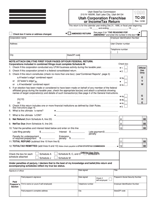 Fillable Form Tc-20-1 - Utah Corporation Franchise Or Income Tax Return - 1998 Printable pdf