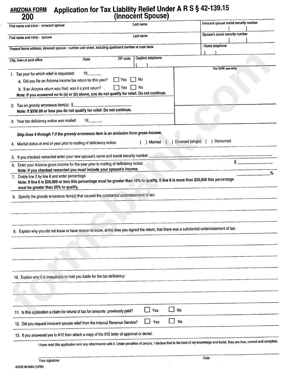 Form 200 - Application For Tax Liability Relief (Innocent Spouse)