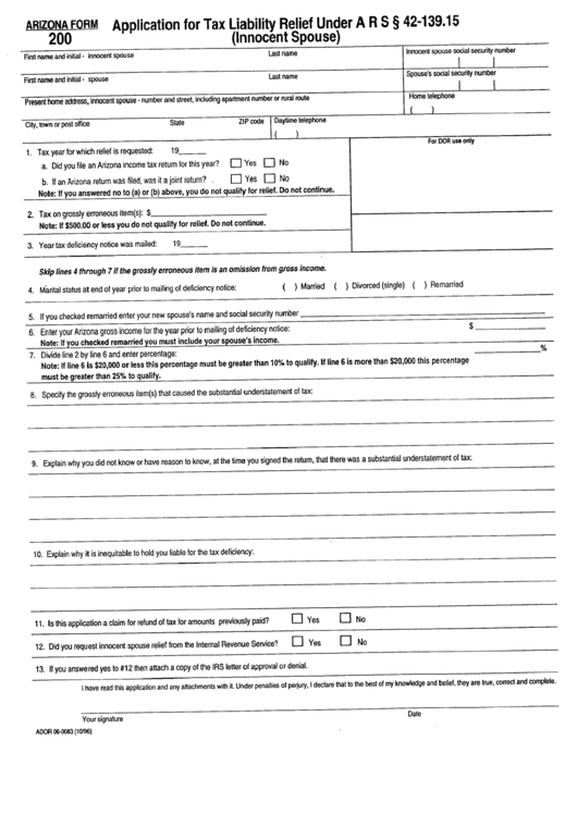 Fillable Form 200 - Application For Tax Liability Relief (Innocent Spouse) Printable pdf