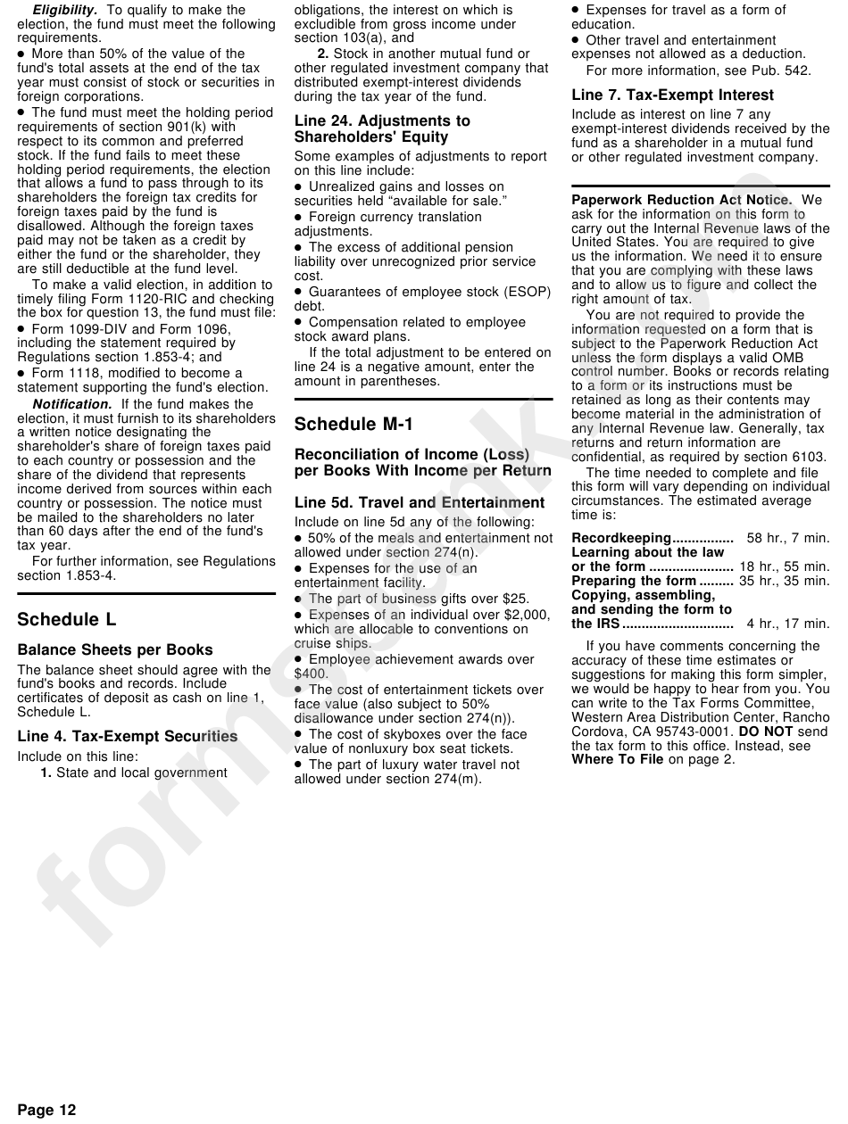 Instructions For Form 1120-Ric - U.s. Income Tax Return For Regulated Investment Companies - 1998