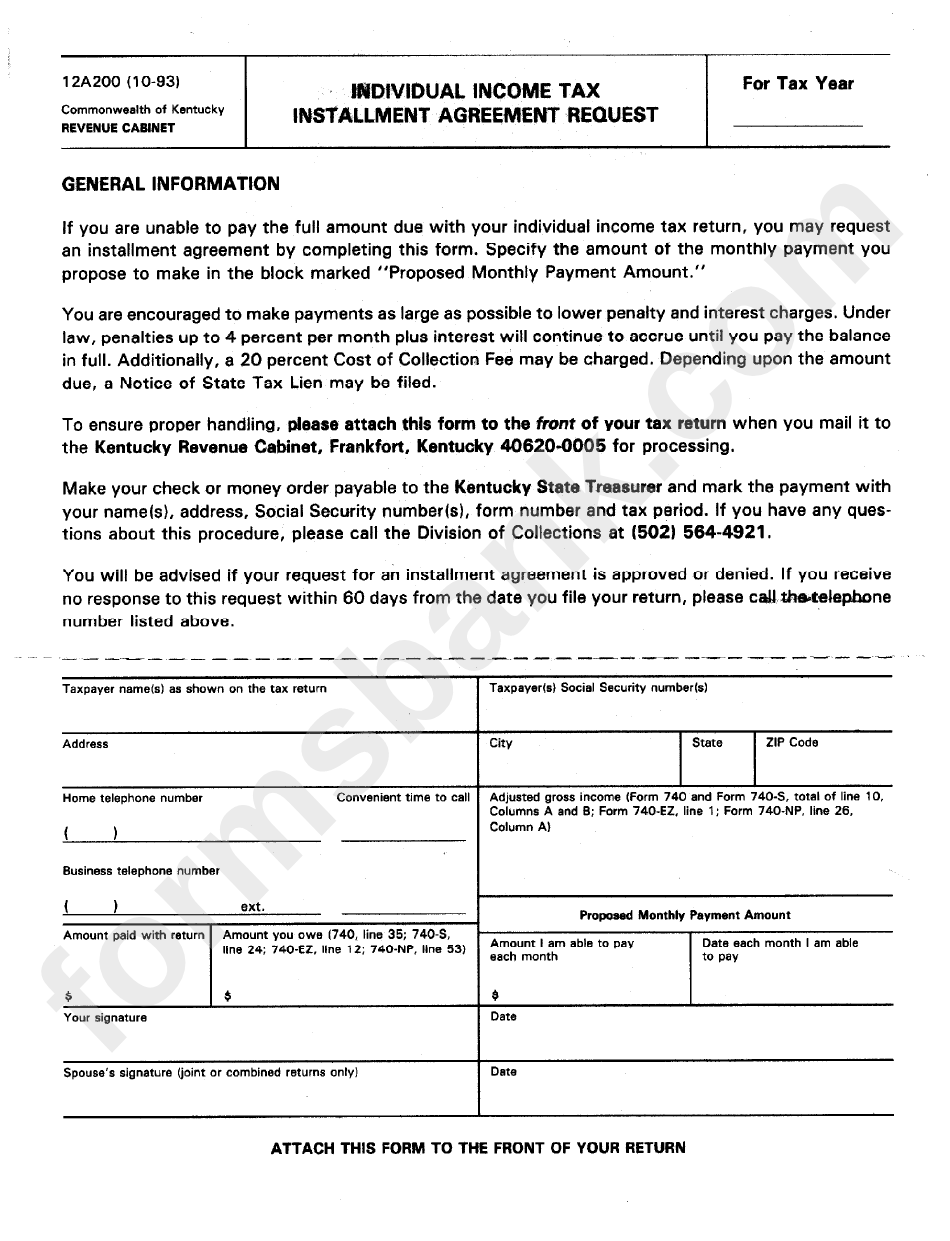 Form 12a200 - Individual Income Tax Installment Agreement Request