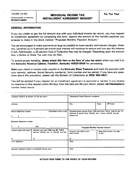 Fillable Form 12a200 - Individual Income Tax Installment Agreement Request Printable pdf