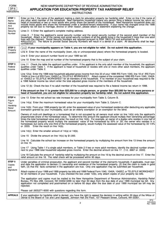 Instructions For Form Dp-6 - Application For Education Property Tax Hardship Relief Printable pdf