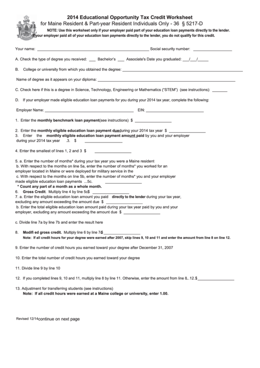 Form Educational Opportunity Tax Credit Worksheet - 2014 Printable pdf