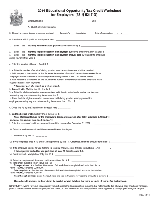 Educational Opportunity Tax Credit Worksheet For Employers - 2014 Printable pdf