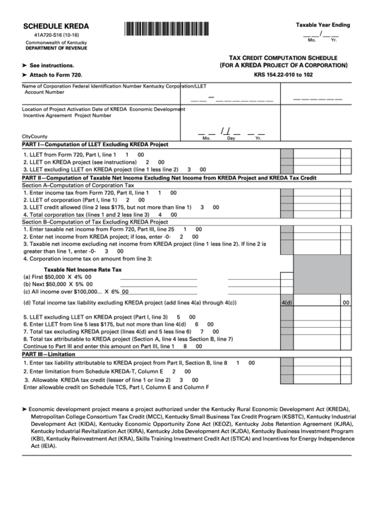 Form 41a720-S16 - Schedule Kreda - Tax Credit Computation Schedule(For A Kreda Project Of A Corporation) Printable pdf