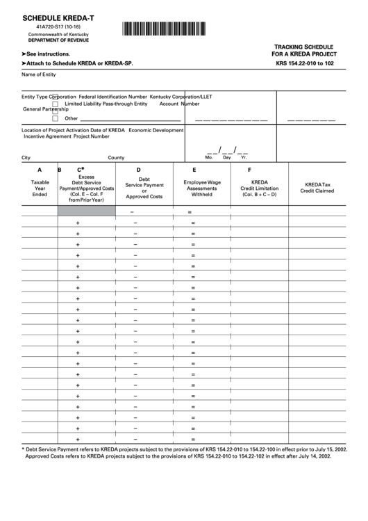 Form 41a720-S17 - Schedule Kreda-T - Tracking Schedule For A Kreda Project - 2016 Printable pdf