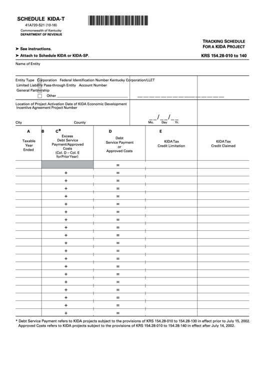 Fillable Schedule Kida-T (Form 41a720-S21) - Tracking Schedule For A Kida Project - Kentucky Department Of Revenue Printable pdf