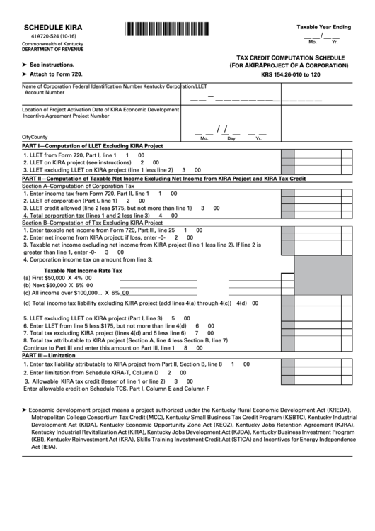 Fillable Form 41a720-S24 - Schedule Kira - Tax Credit Computation Schedule (For A Kira Project Of A Corporation) Printable pdf