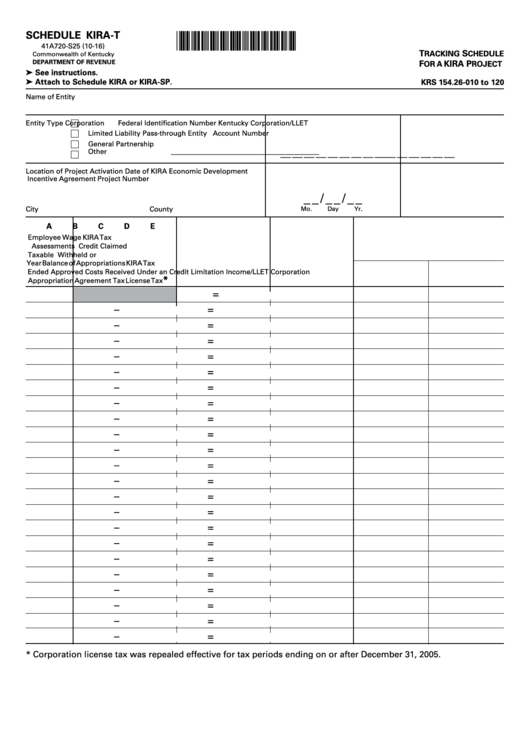 Fillable Form 41a720-S25 - Schedule Kira-T - Tracking Schedule For A Kira Project - 2016 Printable pdf
