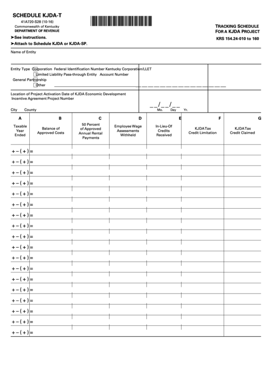 Fillable Form 41a720-S28 - Schedule Kjda-T - Tracking Schedule For A Kjda Project - 2016 Printable pdf