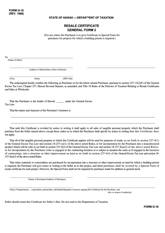 Form G-18 - Resale Certificate General Form 2 - 1989