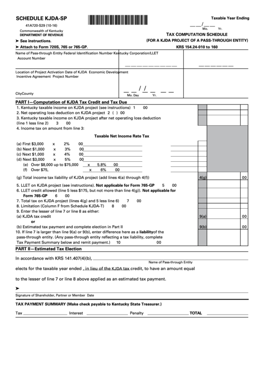 Fillable Form 41a720-S29 - Schedule Kjda-Sp - Tax Computation Schedule Form (For A Kjda Project Of A Pass-Through Entity) Printable pdf