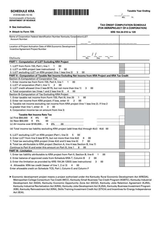 Form 41a720-S35 Schedule Kra - Tax Credit Computation Schedule - 2016 Printable pdf