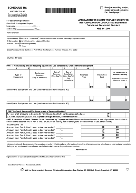 Form 41a720rc - Schedule Rc - Application For Income Tax/llet Credit For Recycling And/or Composting Equipment Or Major Recycling Project - 2016 Printable pdf