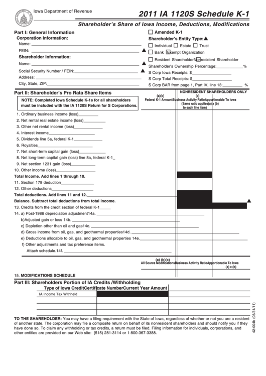 Form Ia 1120s - Schedule K-1 - Shareholder's Share Of Iowa Income, Deductions, Modifications - 2011, Form Ia 1065 - Schedule K-1 - Partner's Share Of Iowa Income, Deductions, Modifications - 2011