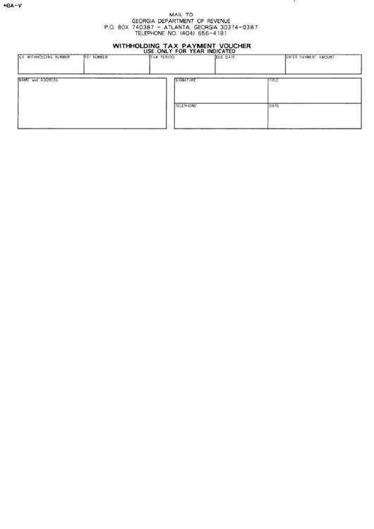 Fillable Form Ga-V - Withholding Tax Payment Voucher - Georgia Department Of Revenue Printable pdf