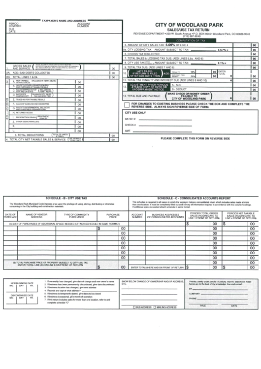 Sales/use Tax Return - City Of Woodland Park Printable pdf