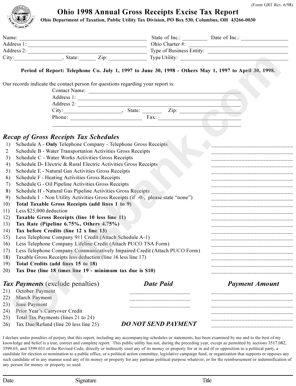 Form Grt - Annual Gross Receipts Excise Tax Report - Ohio Department Of Taxation 1998