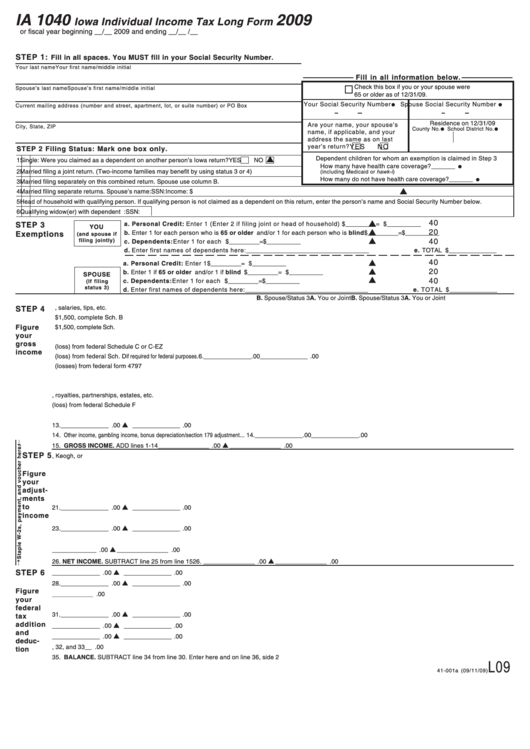 Form Ia 1040 - Iowa Individual Income Tax Long Form - 2009 Printable pdf