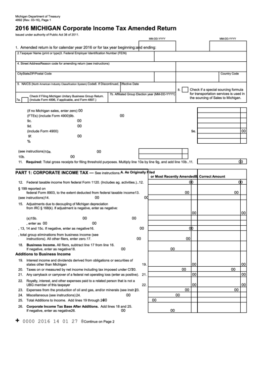 Form 4892 - Michigan Corporate Income Tax Amended Return - 2016 Printable pdf