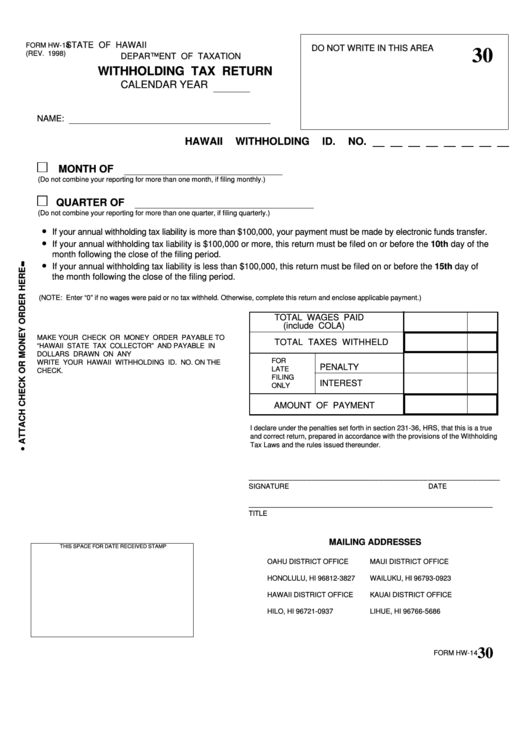 Form Hw-14 - Withholding Tax Return - Hawaii Department Of Taxation