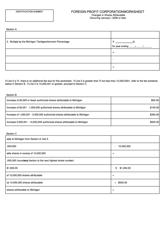 Fillable Foreign Profit Corporation Worksheet - Michigan Corporations Division - 2017 Printable pdf