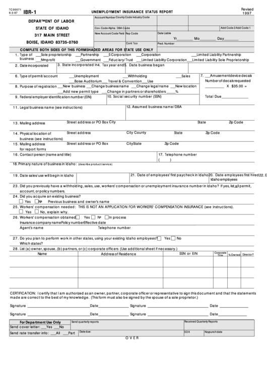 Form Ibr-1 - Unemployment Insurance Status Report / State Tax Commission / Industrial Commission- Idaho Department Of Labor