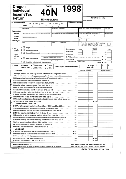 Fillable Form 40n - Oregon Individual Income Tax Return - 1998 Printable pdf