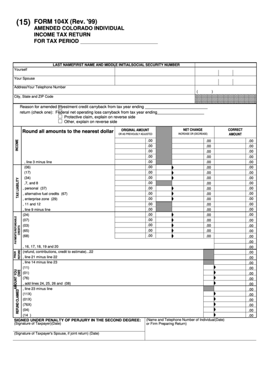 Form 104x Amended Colorado Individual Tax Return printable pdf