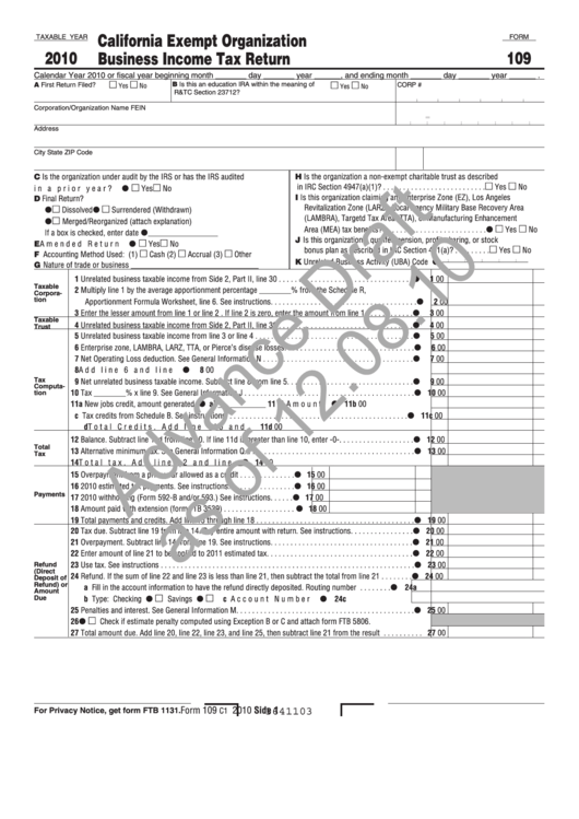 Form 109 Draft - California Exempt Organization Business Income Tax Return - 2010 Printable pdf
