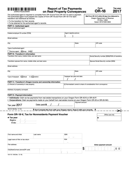 Fillable Form Or-18 - Report Of Tax Payments On Real Property Conveyances - 2017 Printable pdf