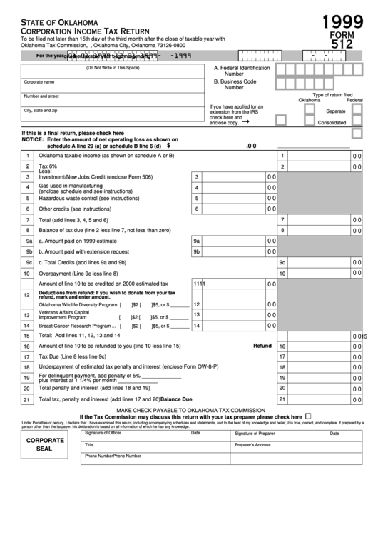 Form 512 - Oklahoma Corporation Income Tax Return - 1999 Printable pdf