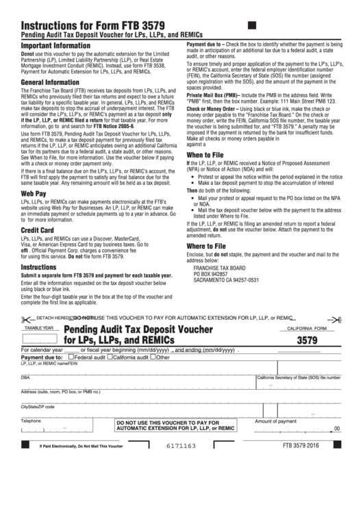 Fillable California Form 3579 - Pending Audit Tax Deposit Voucher For Lps, Llps, And Remics - 2016 Printable pdf