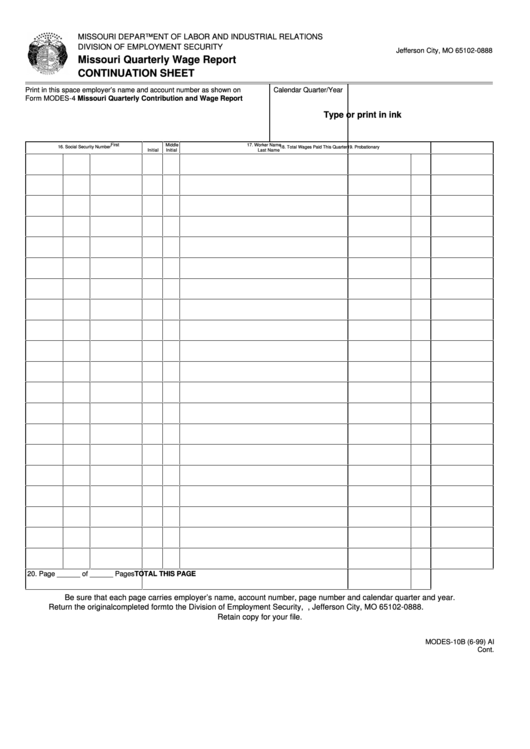 Form Modes-10b - Missouri Quarterly Wage Report - Continuation Sheet Printable pdf