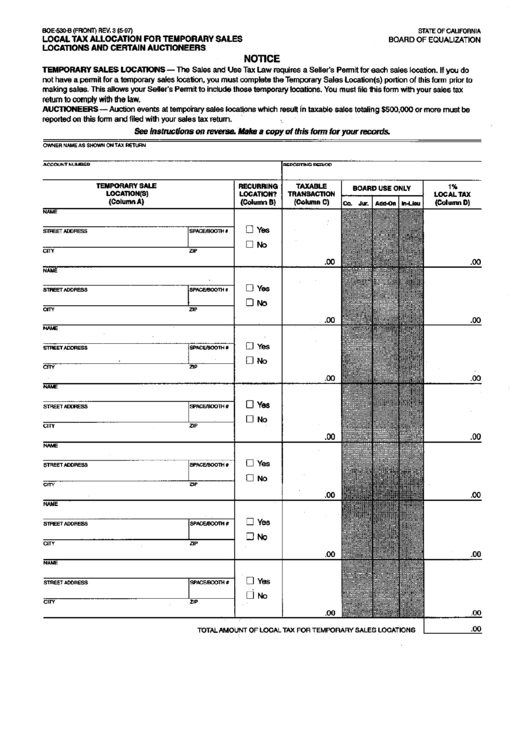 Form Boe-530-B - Local Tax Allocation For Temporary Sales - Locations And Certain Auctioneers Printable pdf