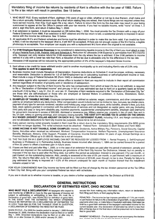 Instructions Fort Declaration Of Estimated - City Of Kent Printable pdf