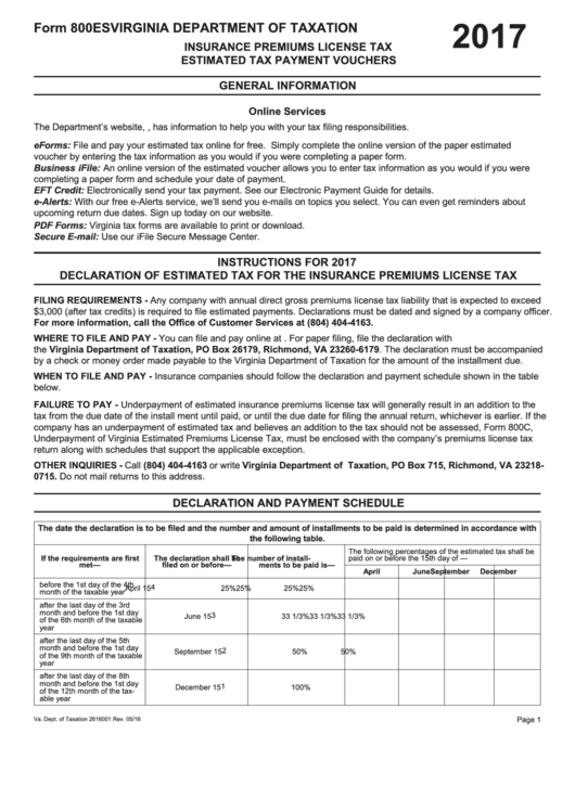 Fillable Form 800es - Virginia Insurance Premiums License Tax Estimated Payment Voucher - 2017 Printable pdf