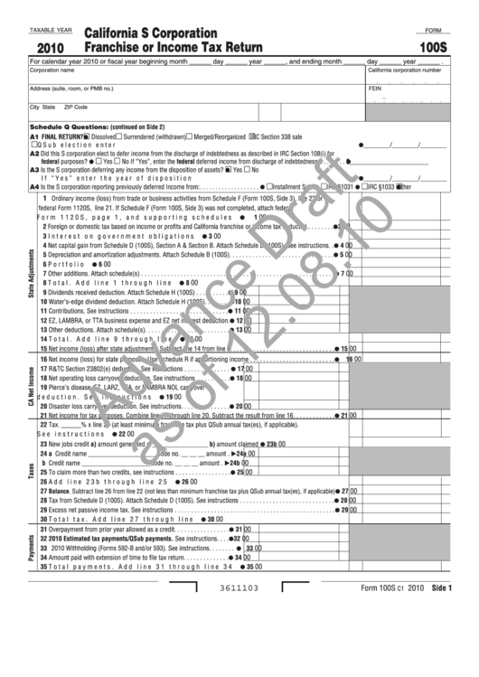 Form 100s Draft - California S Corporation Franchise Or Income Tax Return - 2010 Printable pdf