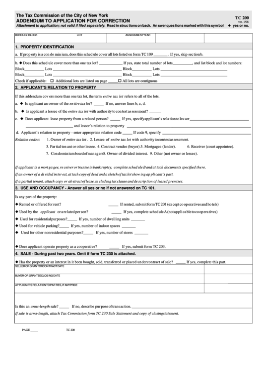 Fillable Form Tc 200 - Addendum To Application For Correction Printable pdf