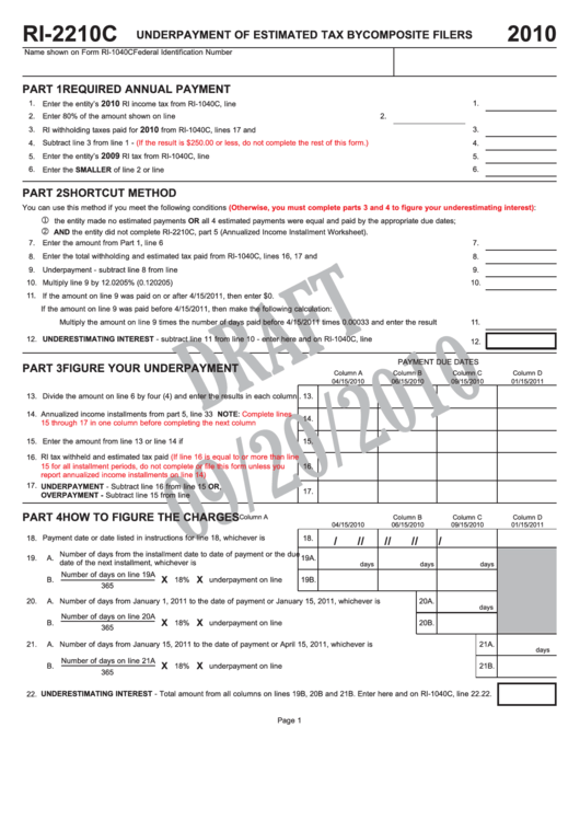 Form Ri-2210c Draft - Underpayment Of Estimated Tax By Composite Filers - 2010 Printable pdf
