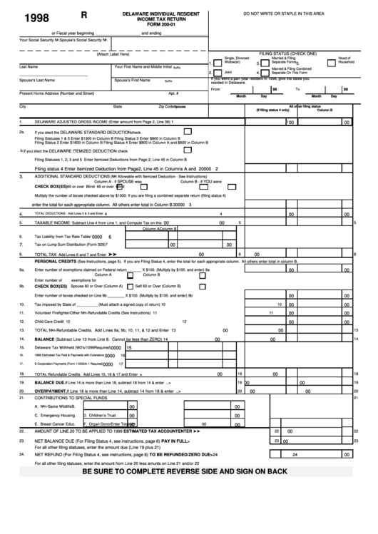 Fillable Form 200-01 - Delaware Individual Resident Income Tax Return - 1998 Printable pdf