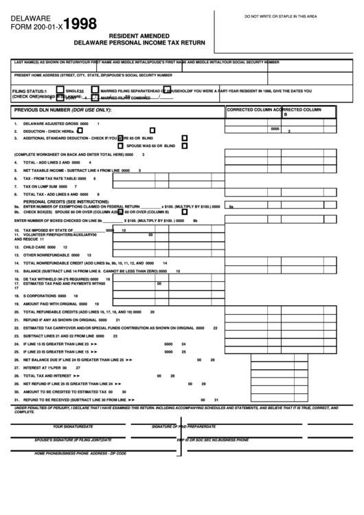 Fillable Form 200-01-X - Resident Amended Delaware Personal Income Tax Return - 1998 Printable pdf