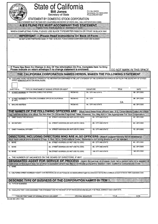 Fillable Form So-200 N/c - Statement By Domestic Stock Corporation Printable pdf