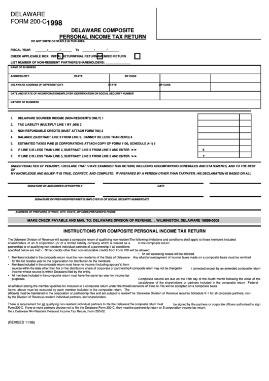 Fillable Form 200-C - Delaware Composite Personal Income Tax Return - 1998 Printable pdf