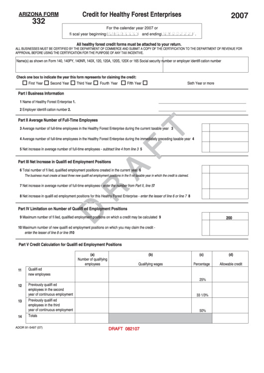 Form 332 Draft - Credit For Healthy Forest Enterprises - 2007 Printable pdf