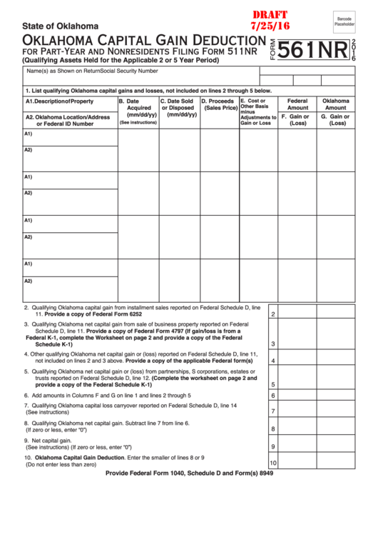 Form 561nr Draft - Oklahoma Capital Gain Deduction For Part-Year And Nonresidents - 2016 Printable pdf