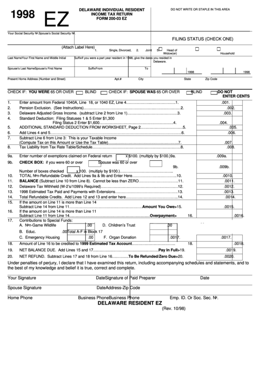 Fillable Form 200-03 Ez - Delaware Individual Resident Income Tax Return - 1998 Printable pdf